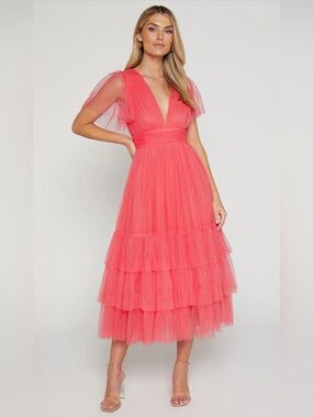 NWT Showpo Coral Tiered V-Neck Tulle Midi Dress size 8